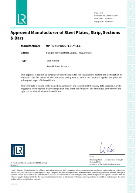 Accordance with the Rules of Lloyd’s Register Interpipe Steel