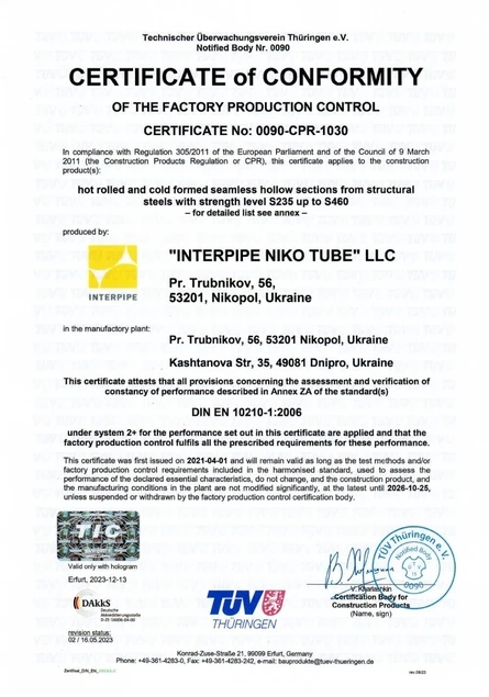 TUV DIN EN 10210-1:2006 0090-CPR-1030 Interpipe Niko Tube