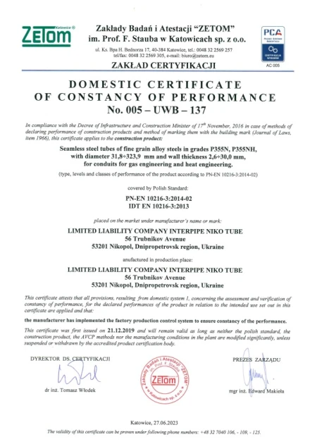 PN-EN 10216-3:2014 (ZETOM) for pipes of steel grades P355N, P355NH Interpipe Niko Tube (Nikopol) PN-EN 10216-3:2014 (ZETOM) for pipes of steel grades P355N, P355NH Interpipe Niko Tube (Nikopol)