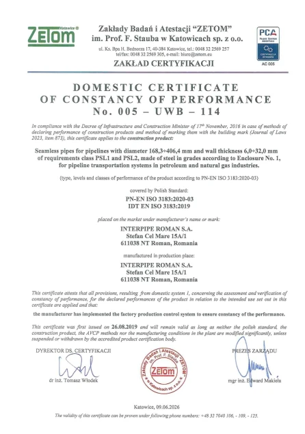 PN-EN ISO 3183:2020-03 ZETOM No. 005-UWB-114 ІНТЕРПАЙП РОМАН