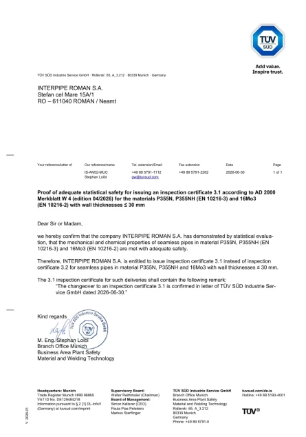 TUV SUD Confirmation Letter ИНТЕРПАЙП РОМАН