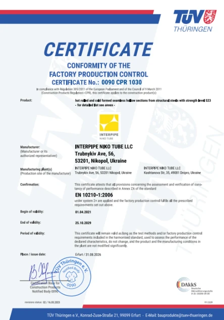 TUV DIN EN 10210-1:2006 0090-CPR-1030 Interpipe Niko Tube